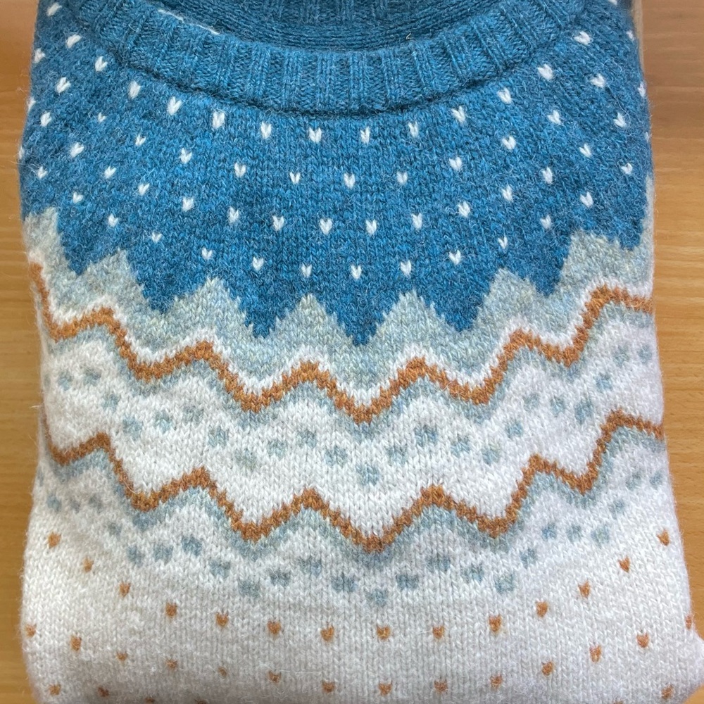 Fjallraven Cream Fair Isle Wool Crewneck Sweater with Blue and Brown Accents - Picture 5 of 6